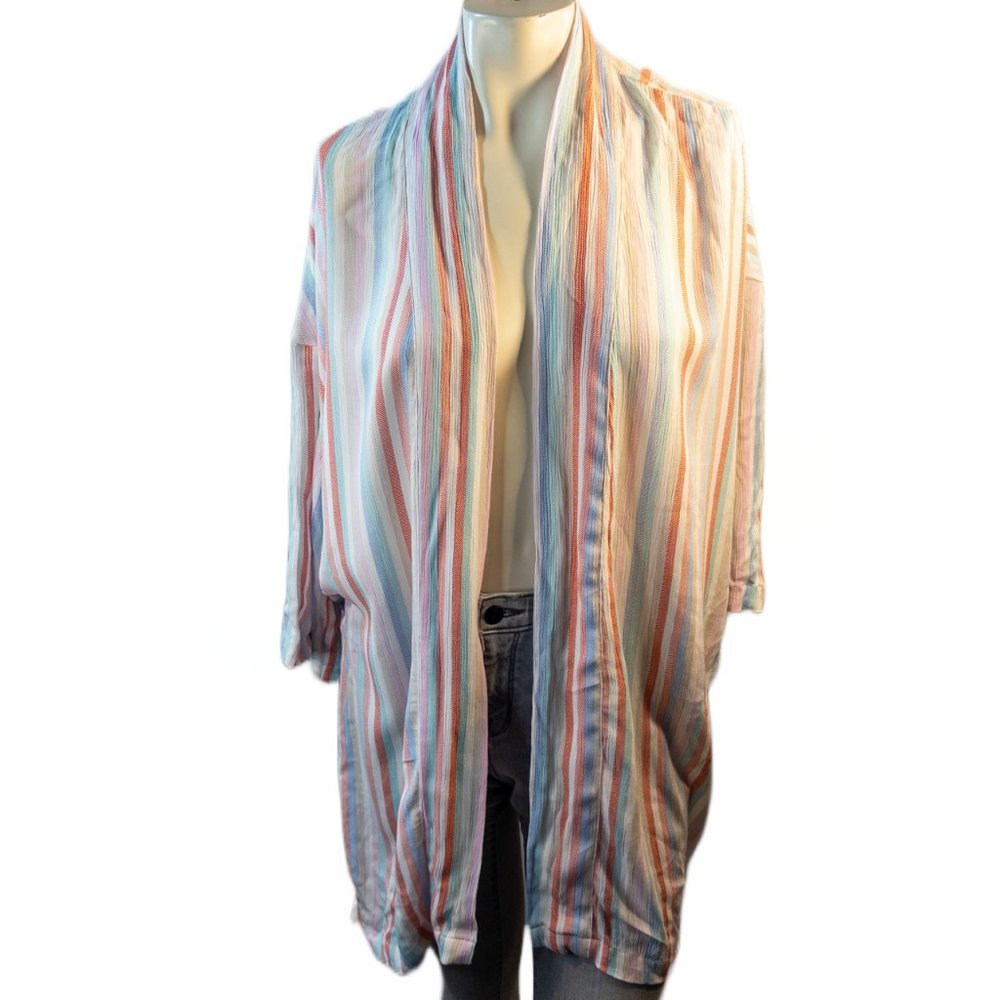 PJ Salvage Womens Size Medium New Robe White Pink Stripe 100% Rayon Open Front
